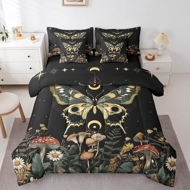 YST Gothic Moth 7 Pieces Bedding Set Boho Mushroom Brown Trippy Butterfly Twin Comforter Set with Sheets for Boys Girls Kids Natural Botanical Flowers Plants Stars Bed in a Bag Bed Set