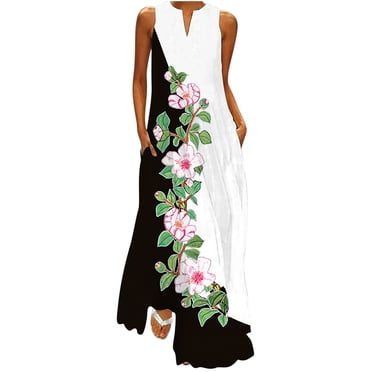 Leutsin Robe Longue Décontractée pour Femme avec Imprimé Rayé et Floral, Robe Maxi Sans Manches