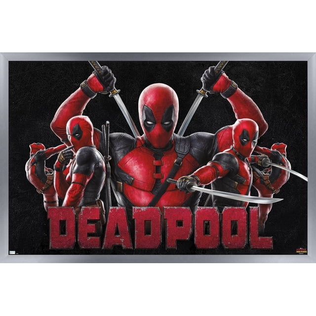 Marvel Deadpool & Wolverine - Affiche Murale Deadpool, 14,725 Pouces x 22,375 Pouces Encadrée, Représentant un Deadpool Centré en Costume Rouge et Noir Tenant des Épées Croisées derrière Sa Tête, Flanqué de Quatre poses d'Action Plus Petites de Deadpool avec Épées et Pistolets sur un Fond Noir Texturé avec Texte Rouge Audacieux « Deadpool », Convient à l'Art Mural et à la Déco de Pièce.