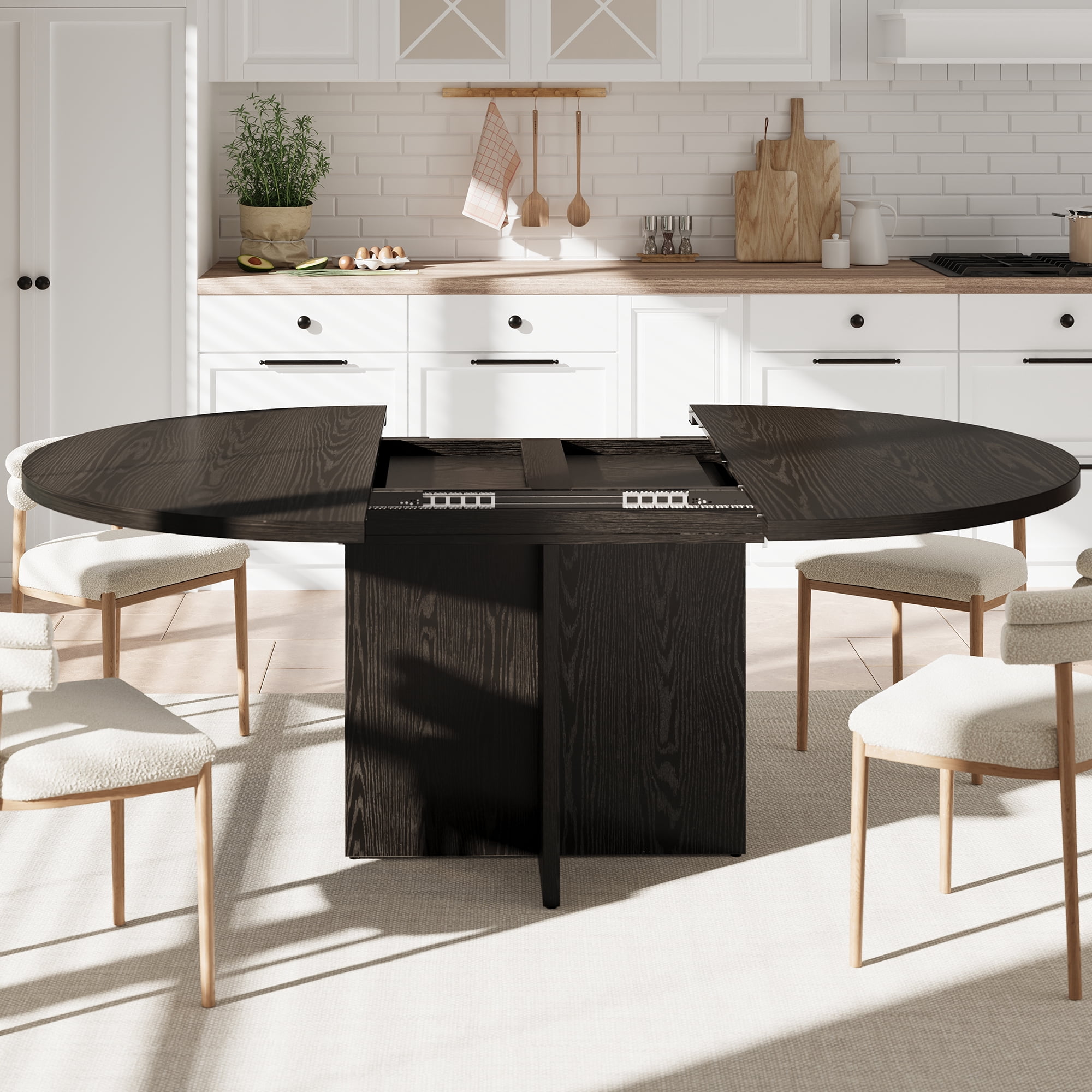 AKDSteel Extendable Dining Table 43.3–59", Space-Saving Round To Oval Table With Removable Leaves For 4–8 People (Table Only)