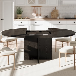Round Dining Table with Extendable Leaf – Space-Saving Expandable Dining Table, Black Wood Grain Finish, Cross Base Kitchen Table for Dining Room or Living Room