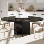Round Dining Table with Extendable Leaf – Space-Saving Expandable Dining Table, Black Wood Grain Finish, Cross Base Kitchen Table for Dining Room or Living Room