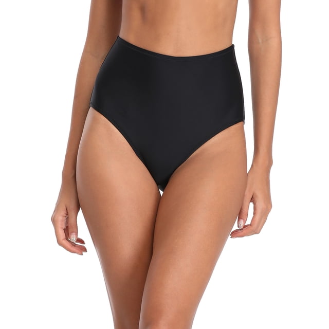 RELLECIGA Women's High Waisted Bikini Bottom Tummy Control Swimsuit Bottom in solid black. Designed for women's swimwear, this high-rise bikini bottom offers retro styling, medium seat coverage, and moderate abdominal control. Made from highly elastic polyamide fabric with a soft, breathable, and quick-drying lining. Pull-on style suitable for long torsos, not recommended for petite frames. Includes a metal logo as an anti-fake label.