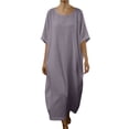 thumbnail image 2 of Pisexur Robes pour Femmes Classiques en Coton et Lin Robe Maxi Couleur Unie Col Ras du Cou Manches Courtes Robe de Vacances pour la Plage Décontractée Ample Robes d'Été pour Femmes P-2TG, Violet, 2 of 5