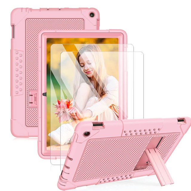 Mignova pour Fire HD 10 Case, Heavy-Duty Drop-Proof Shock-Resistant Rugged Protective Case (avec Support) pour All-New Amazon Fire HD 10 & Fire HD 10 Plus (11e Génération, Version 2021) (Rose Gold + 2 Pack)