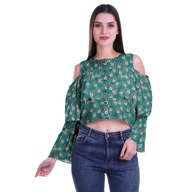 Moomaya Printed Casual Long Sleeve Tops Women Cold Shoulder Ruffle Sleeves Top