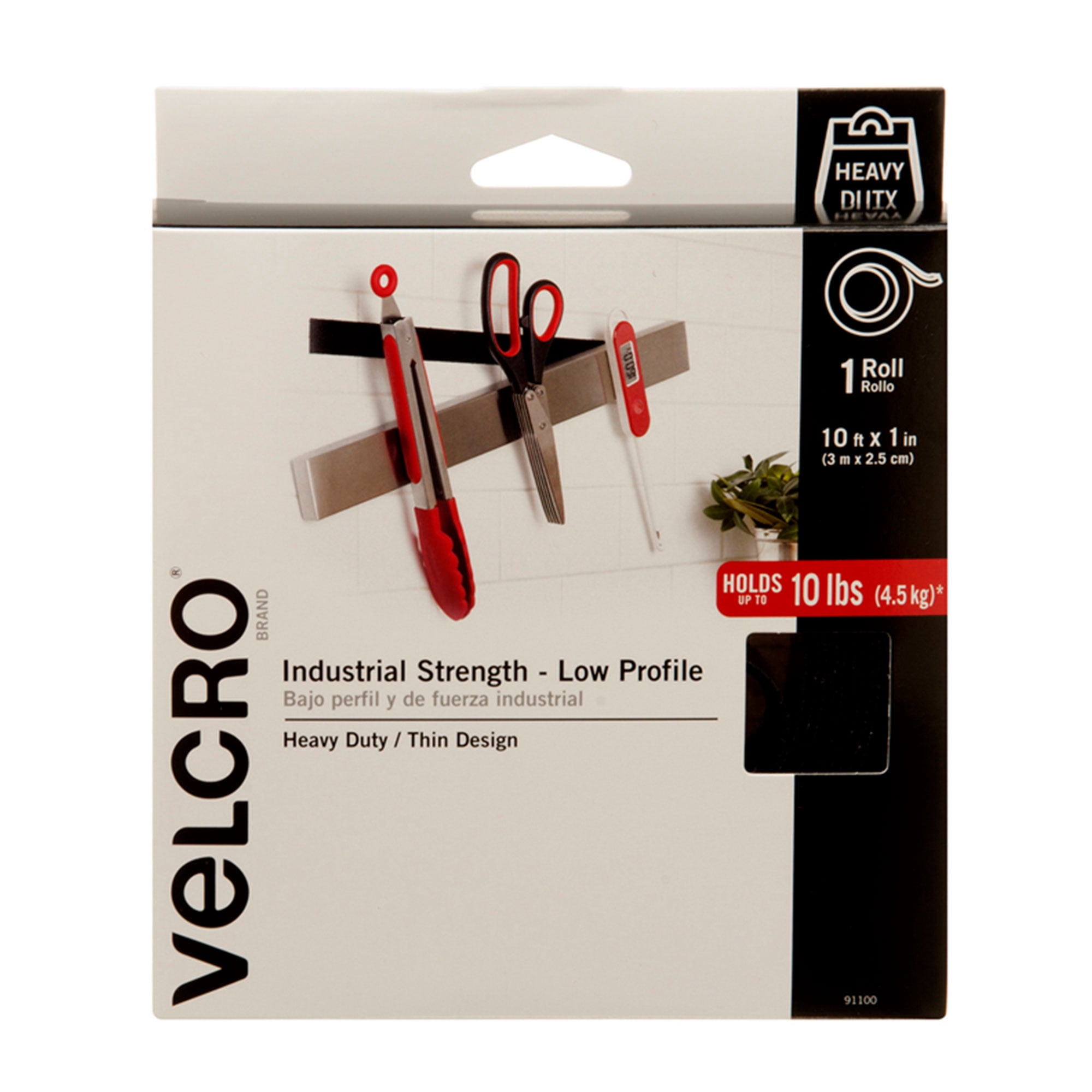 Velcro Brand 10 Foot Industrial Strength Low Profile 1 Inch Fastener Roll, Black
