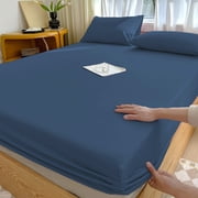Fiber Sheet Navy Blue Washed Cotton 3-Piece Bedding Set Fitted Sheet and 2 Pillowcases for Double Bed Soft Fiber Mattress Protection Rkxzt