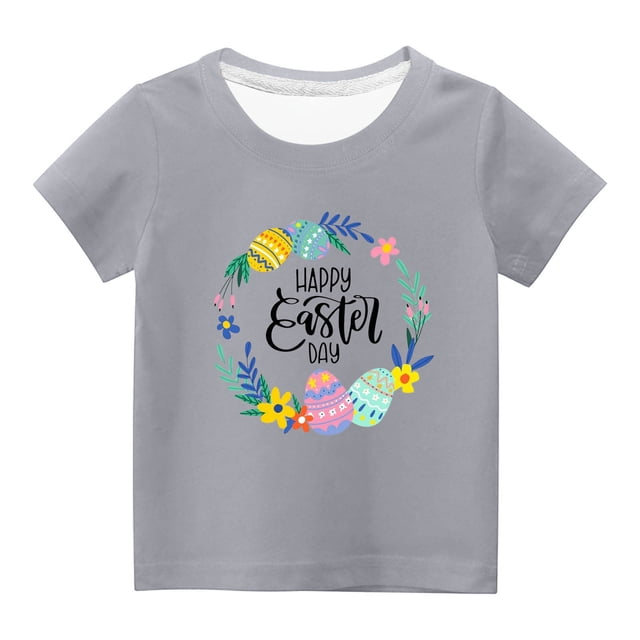 Penkiiy T-Shirts de Pâques pour Enfants Garçons Filles Mode Pâques Mignon Fleur Œufs de Pâques Imprimé Col Rond Manches Courtes 7 Ans Gris