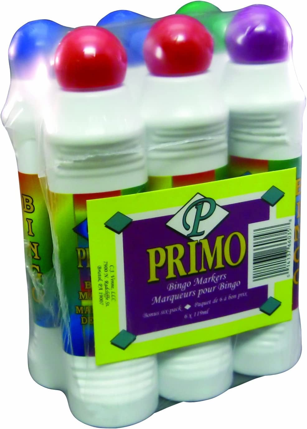 Primo 6-Pack Bingo Marker (2 Blue, 2 Red, 1 Green & 1 Purple)