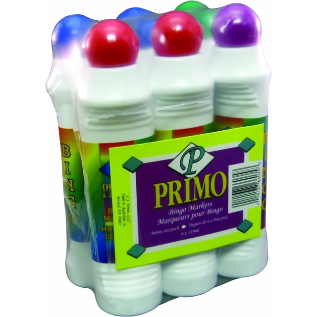 Primo 6-Pack Bingo Marker (2 Blue, 2 Red, 1 Green & 1 Purple) six felt tip bingo markers with matching colored caps — two blue, two red, one green and one purple; durable felt tips and smooth plastic barrels on white background, made for clear, bold marks on bingo cards and often used for marking scorecards or craft paper.