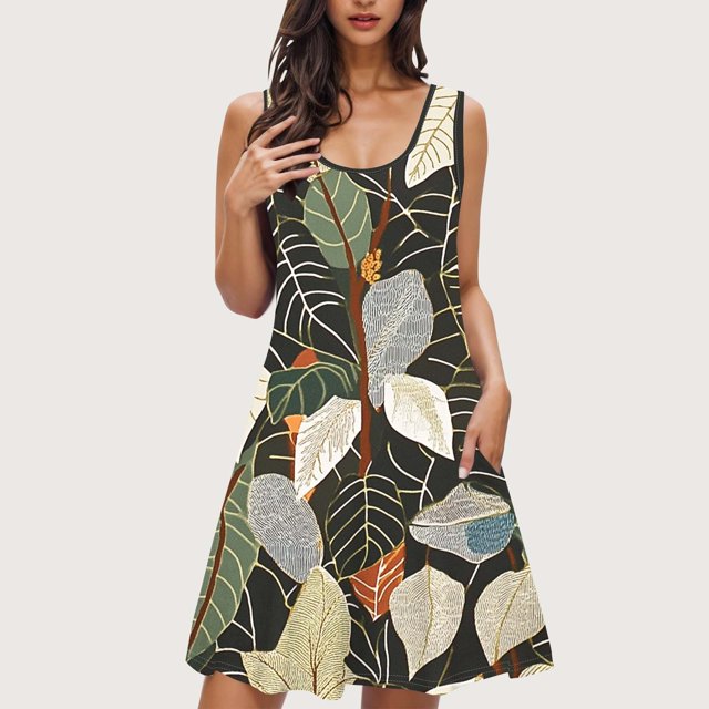 Ovzne Robes d'Été pour Femmes Robe Femme Imprimée avec Poches Chemises de Nuit Sans Manches Tenue de Nuit Chemise de Nuit Col Rond Robe de Nuit Robe de Vacances Imprimée Liquidation