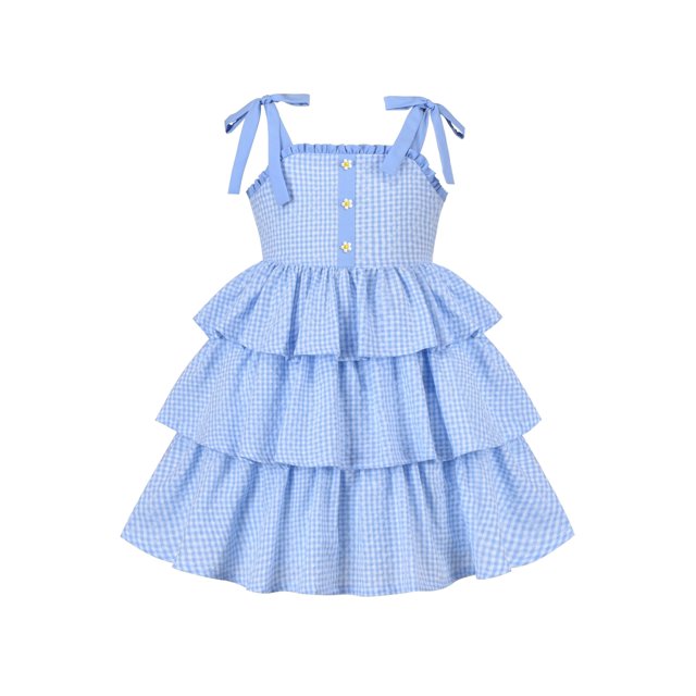 Girls Dress Spaghetti Ruffle Blue Plaid Cake Layer Cotton Sleeveless 4 Years