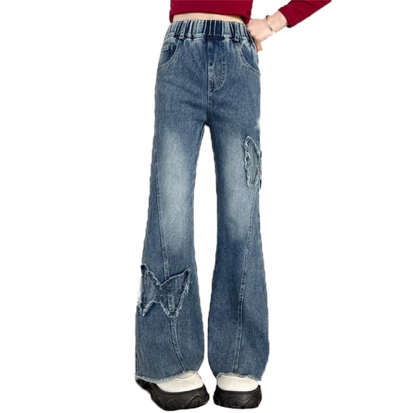 Girls Soccer Leggings Pant Size Girls Fashion Cute Embroidered Pants Elastic Waist Wide Leg Jeans Loose Casual Demin Pants With Pockets