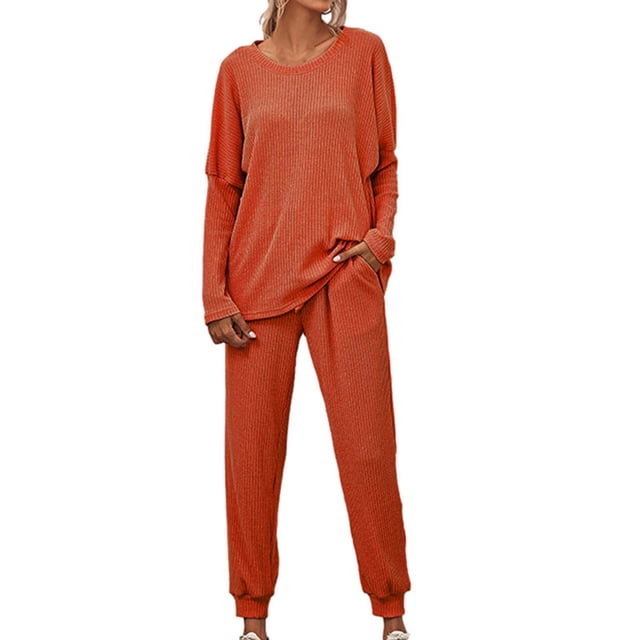 Mrat Knit Two Piece Outfits for Women Long Sleeve Ribbed Tops Drawstring Pants with Pockets Sweatsuit Set S-2 Orange S