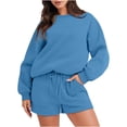 thumbnail image 1 of Ensemble de Survêtement pour Femmes avec Shorts, Tenue 2 Pcs pour l'Automne, Chandail à Manches Longues Décontracté Surdimensionné à Col Rond, Chandails Molletonnés à Enfiler, Shorts à Taille Élastique, Ensembles Assortis Bleu, 1 of 7