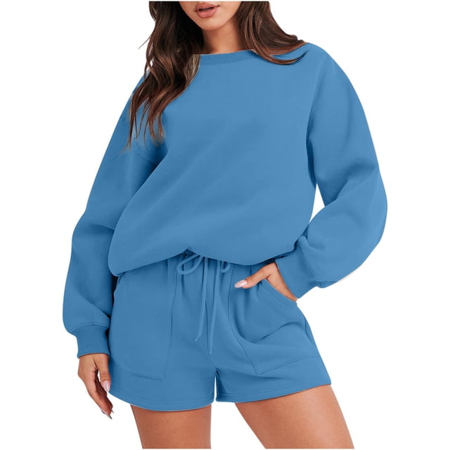 Ensemble de Survêtement pour Femmes avec Shorts, Tenue 2 Pcs pour l'Automne, Chandail à Manches Longues Décontracté Surdimensionné à Col Rond, Chandails Molletonnés à Enfiler, Shorts à Taille Élastique, Ensembles Assortis Bleu