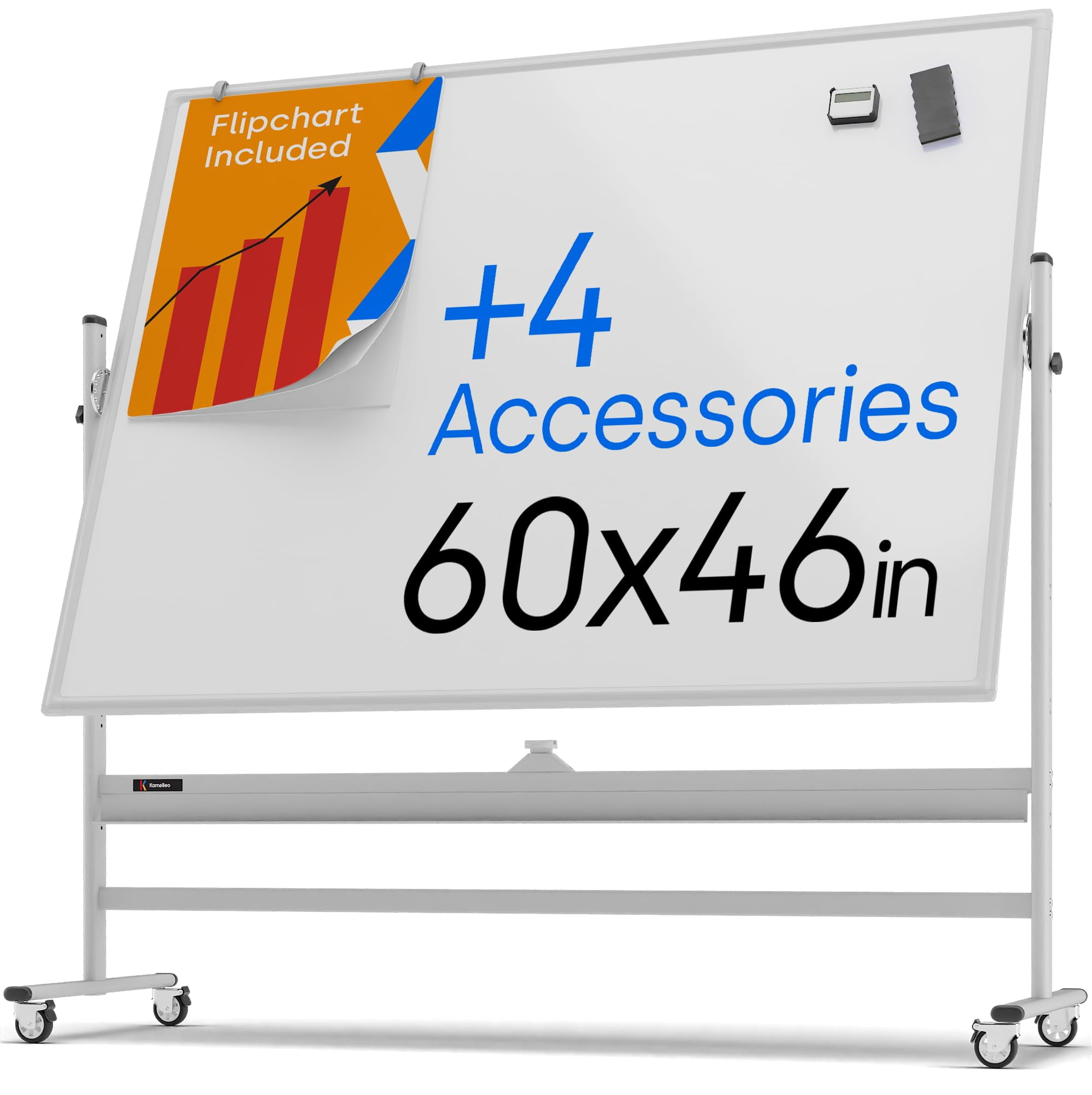 Rolling Dry Erase Board 60 x 46 - Large Portable Magnetic Whiteboard with Stand - Double Sided Easel Style Whiteboard with Wheels - Mobile Standing Whiteboard for Office, Classroom & Home