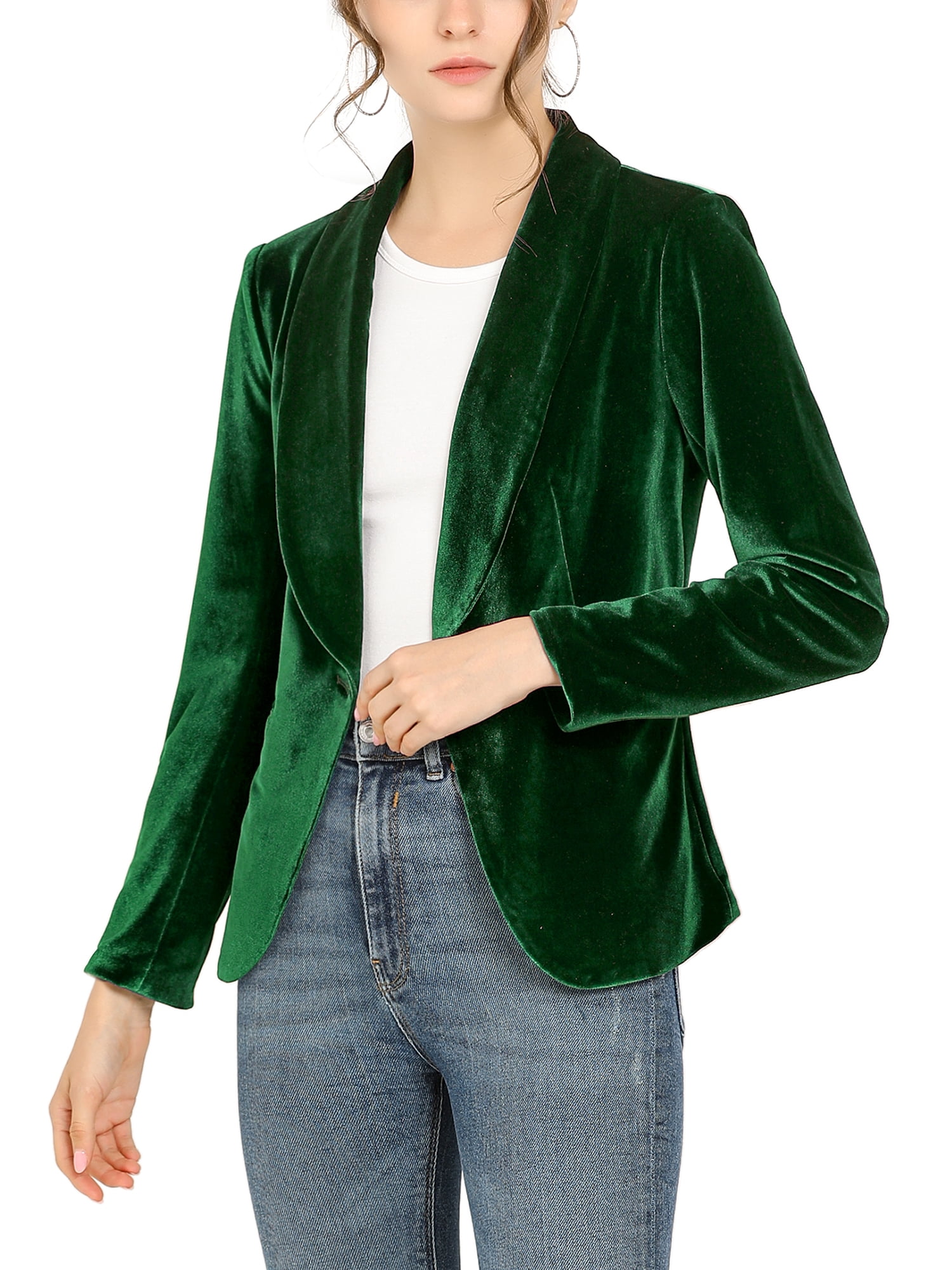 INSPIRE CHIC Women's Velvet Blazer Solid Color Shawl Collar One Button Wear-to-Work Blazer L Green