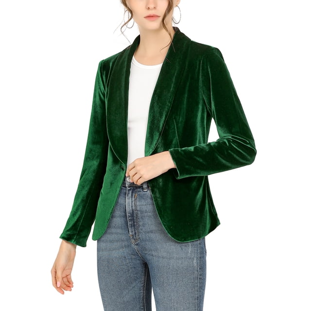INSPIRE CHIC Women's Halloween Velvet Blazer Solid Color Shawl Collar One Button Wear-to-Work Suit Jacket Green M