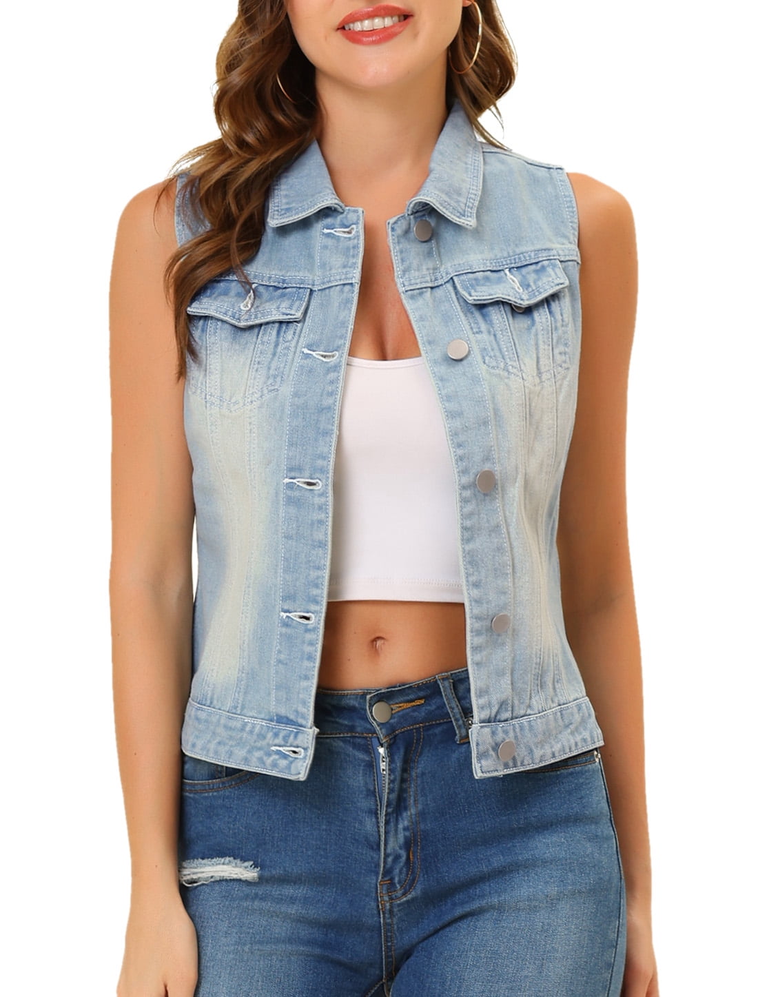 INSPIRE CHIC Women's Washed Chest Flap Pockets Single Breasted Denim Vest