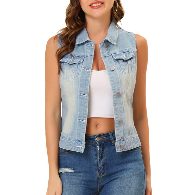 INSPIRE CHIC Women's Washed Chest Flap Pockets Single Breasted Denim Vest