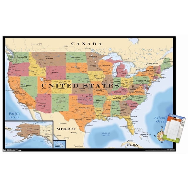 Map - USA Wall Poster, 22.375" x 34" Framed showing a political map of the United States with each state in pastel colors labeled with major cities and capitals, including insets of Alaska and Hawaii, bordered by Canada, Mexico, the Pacific and Atlantic Oceans, featuring a compass rose and a Post-its note pad on the lower right corner, suitable for home or office wall decor and organization.