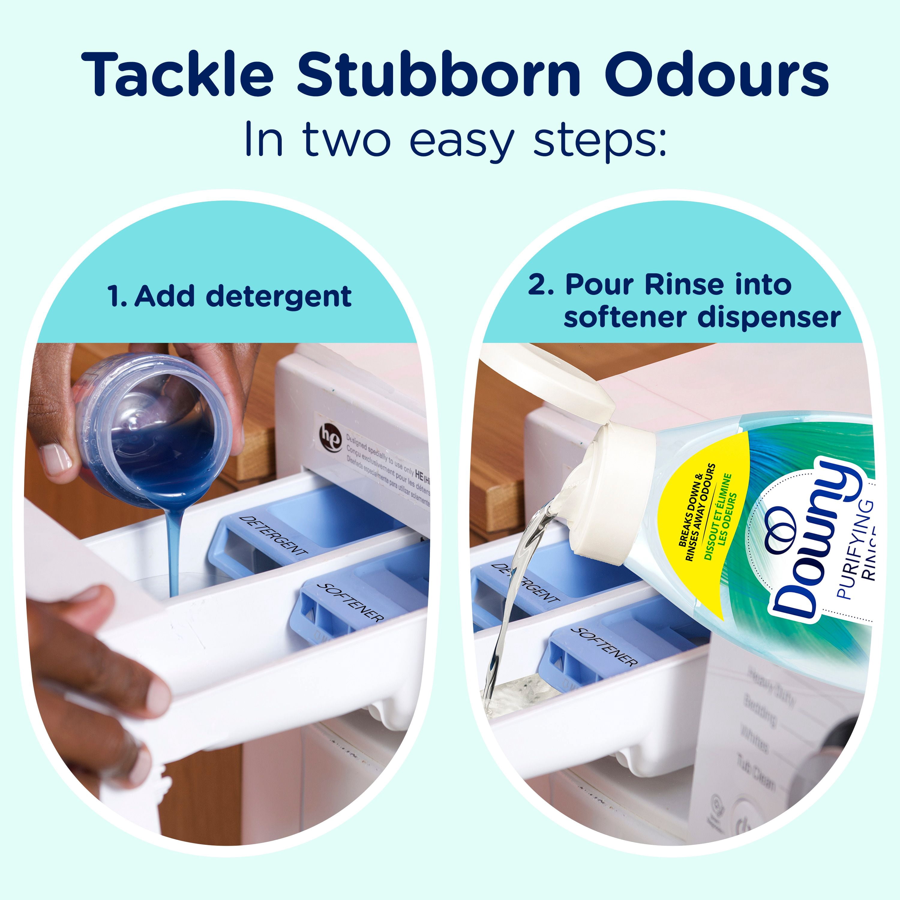 Downy Rinçage Purifiant Éliminateur d'Odeurs pour la Lessive, Parfum Fraîcheur Cotonnière, Assouplissant Textile et Rinçage d'Élimination des Odeurs pour la Lessive, Combat les Odeurs à la source, Compatible HE 54WL