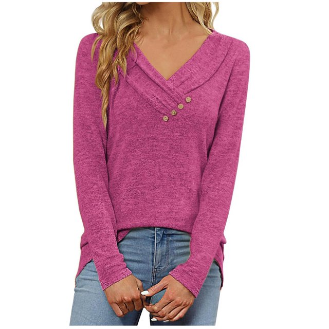 Besolor Womens Spring Fall Tunic Tops Trendy V Neck Button Long Sleeve T-Shirt Casual Solid Color Ladies Going out Blouse