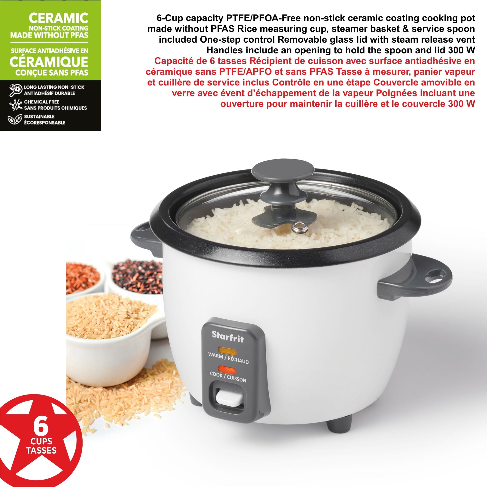 Starfrit Cuiseur à riz 6 tasses, Revêtement Céramique Antiadhésif sans PFAS, Fonctions Cuisson et Réchaud, Panier Vapeur, Couvercle inclus, 300W, Facile à nettoyer
