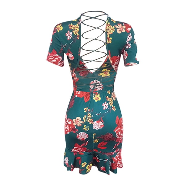 Fridja Women's Summer Fashion Open Back Ruffled Corns Bandage Dress