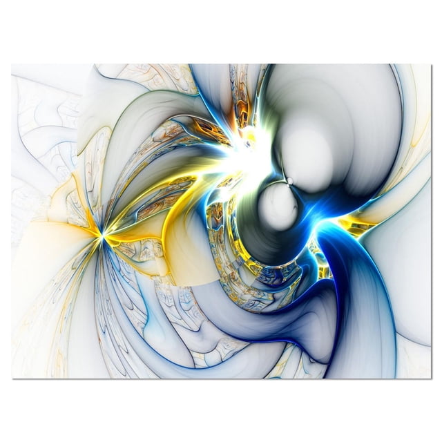 Designart Shining Multi Colored Plasma Canvas Wall Art displaying abstract swirling shapes in blue, yellow, white, and gray tones on premium cotton canvas with gallery-wrapped edges, ready to hang and ideal for modern home décor.
