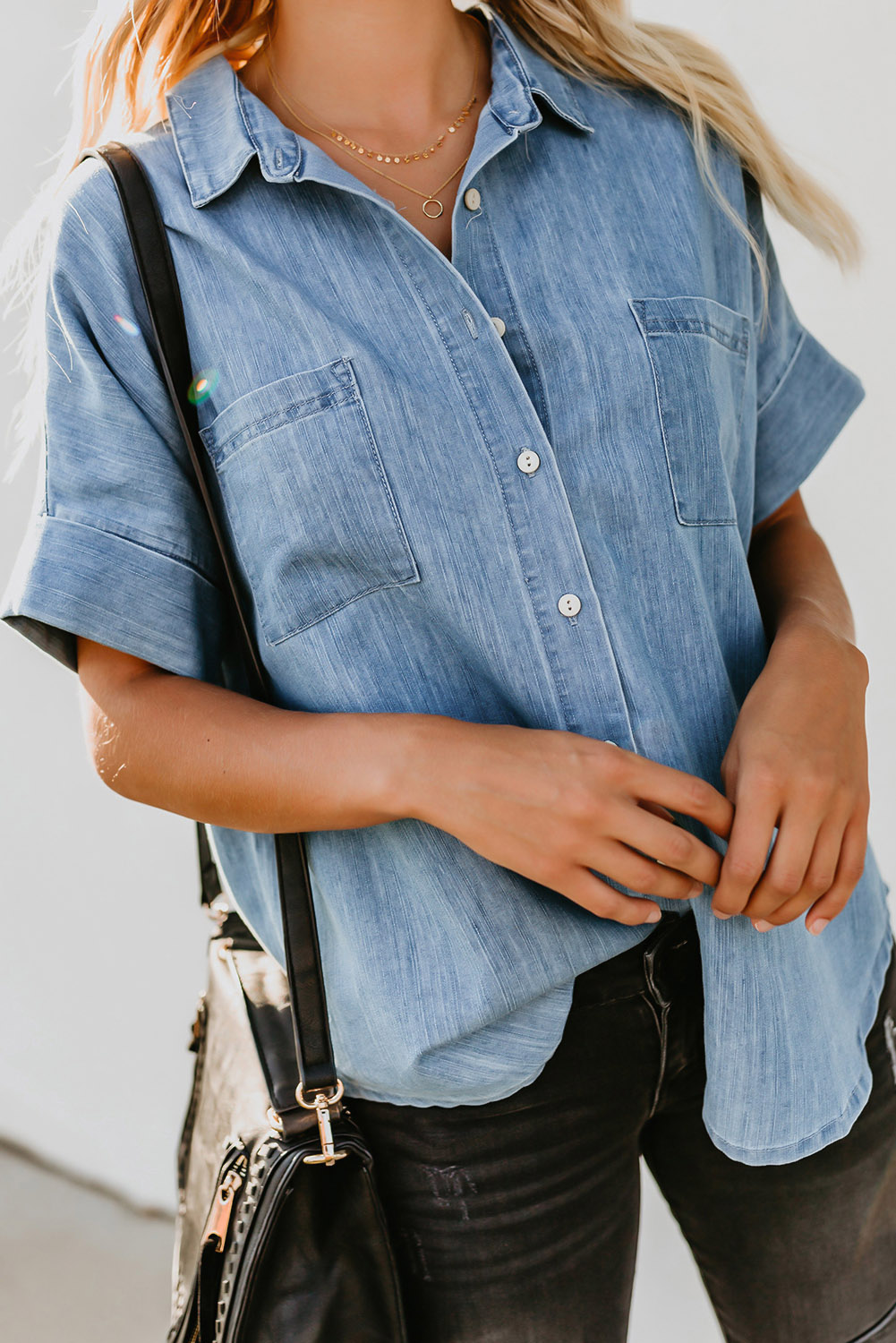 Women's Light Blue Turn-down Collar Short Sleeve Denim Shirt