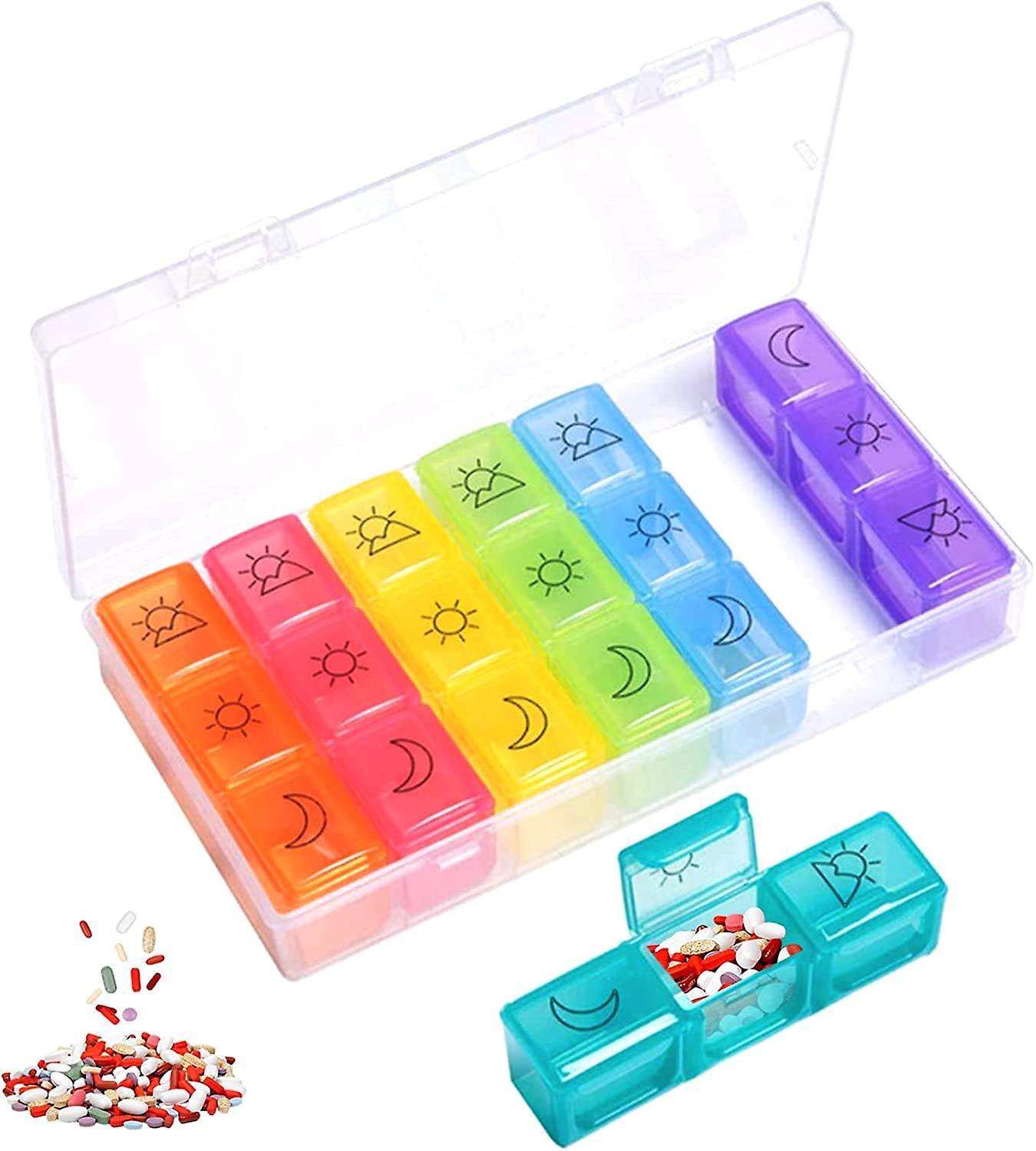 Weekly Pill Organizer Morning Noon Evening, Large 7 Day Medicine Pill Organizer 3 Compartments Weekly Pill Organizer 3 Times A Day,Multicolor Weekly M