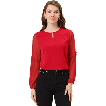 INSPIRE CHIC Women's Work Chiffon Keyhole Neck Elegant Top Red XL