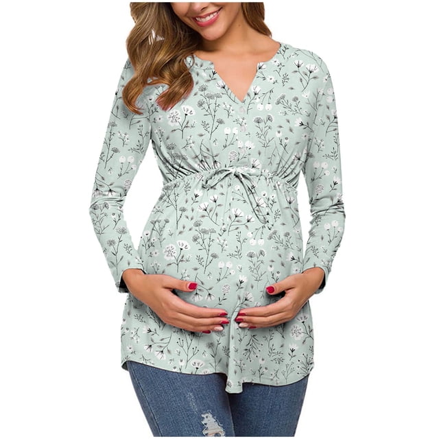 Hinvhai Hauts de Maternité pour Femmes en Liquidation, Manches Courtes, Col Rond, Tunique Péplum à Plis devant, Chandails de Grossesse Verts, Taille 8 (L). Présente un Motif floral, des Manches Longues et une Ceinture pour le Confort pendant la Grossesse, le Post-Partum et l'Allaitement. Fabriqué en Tissu polyester Doux et Respirant, Convient à l'Allaitement, aux Tenues Décontractées et au Style de Maternité.