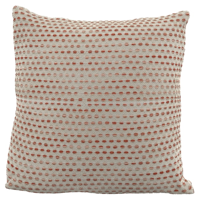 HOMETRENDS 20" x 20" Cameo Rose Outdoor Eco Toss Cushion with a square shape and textured woven fabric in light beige featuring horizontal rows of rose and red oval shapes, made from eco-friendly, fade-resistant material ideal for outdoor patio seating and reversible for styling flexibility.