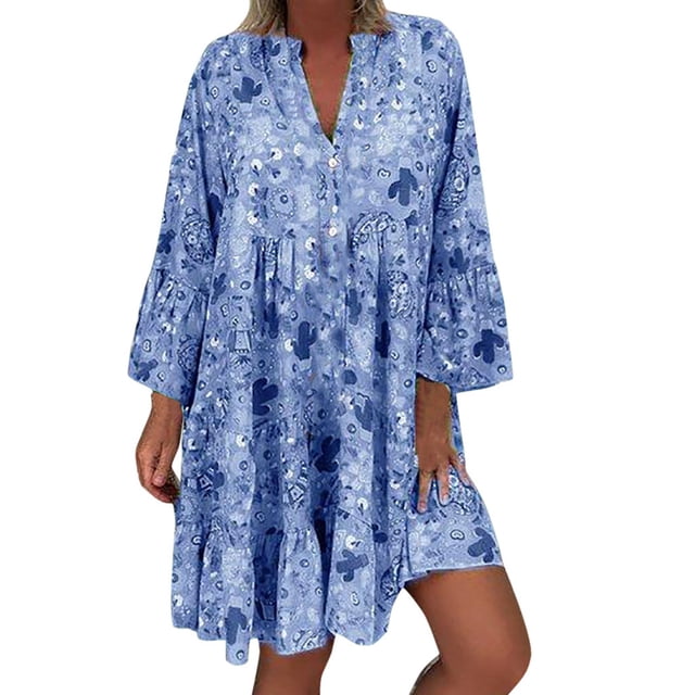 2025 Robe Mini Imprimée Ample Chic Décontractée Robes pour Femmes Été Women's Quarter Ladies Été Robe Maxi Manche Robe Trois Femmes Confortable