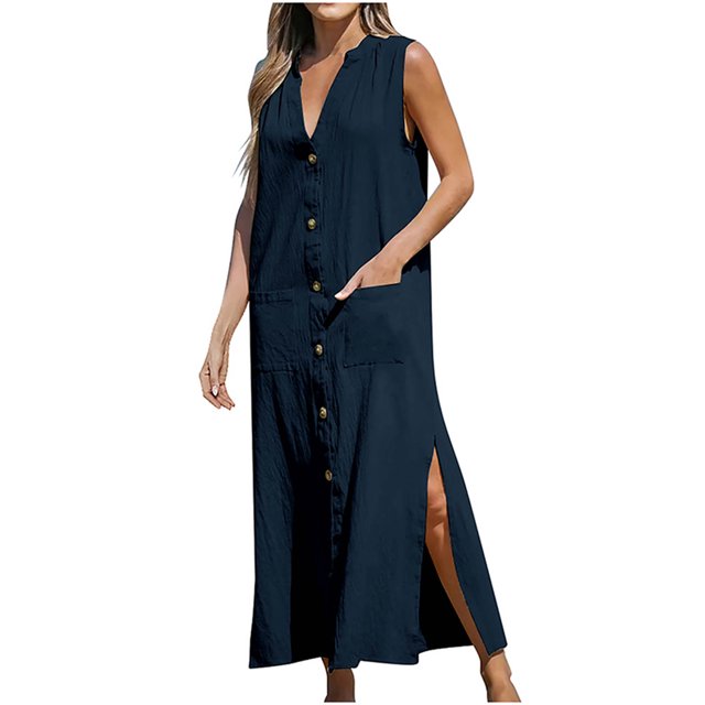 Kmbangi Robes d'Été Sans Manches pour Femmes Robe Longue Fendue avec Poches pour Plage Club Mode Urbaine