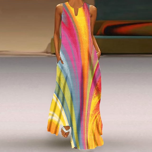 EQWLJWE Robes d'Été pour Femmes 2023 Robe Débardeur Imprimée Décontractée Ample pour Femmes Plage Col en V avec Poche Robe Soleil Sans Manches Robes d'Été pour Femmes 2023