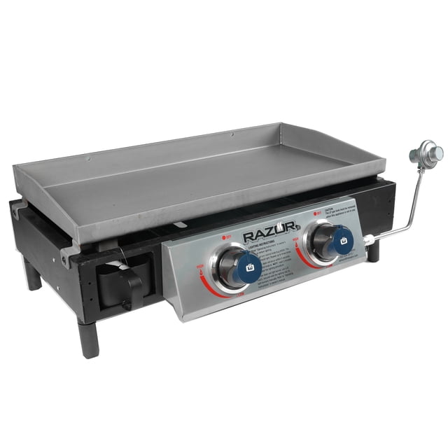 Razor Griddle GGT2130M 25 Inch Portable 2 Burner LP Propane Gas Grill made of steel, featuring a compact design with two stainless steel burners delivering 20,000 BTU of power. The griddle has a 318 square inch cooking surface, push-and-turn ignition, and a front-access grease management system. Ideal for outdoor cooking, tailgating, or backyard BBQs.