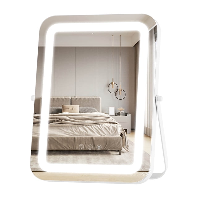 Gymax Miroir de Meuble-Lavabo 16 Pieds' x 12 Pieds' à DEL 3 Couleurs en Blanc avec rotation à 360° et Commande Tactile à Intensité Réglable. le Miroir Présente un design Rectangulaire avec des Bords Arrondis, Entouré d'Un Éclairage à DEL Offrant Trois modes de Couleur Réglables : Lumière Froide, Naturelle et Chaude. Il Comprend des Boutons Tactiles pour les Réglages de Luminosité et de Température de Couleur, avec une Fonction de Mémoire pour Conserver les Réglages Précédents. la base Métallique Robuste Assure la Stabilité, et le Miroir Convient pour une Utilisation