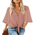 thumbnail image 1 of CHUANK Women‘s Button Down V Neck Tops Ruffled 3/4 Sleeve Tie Knot Front Blouses White Sizes S-2XL, 1 of 3