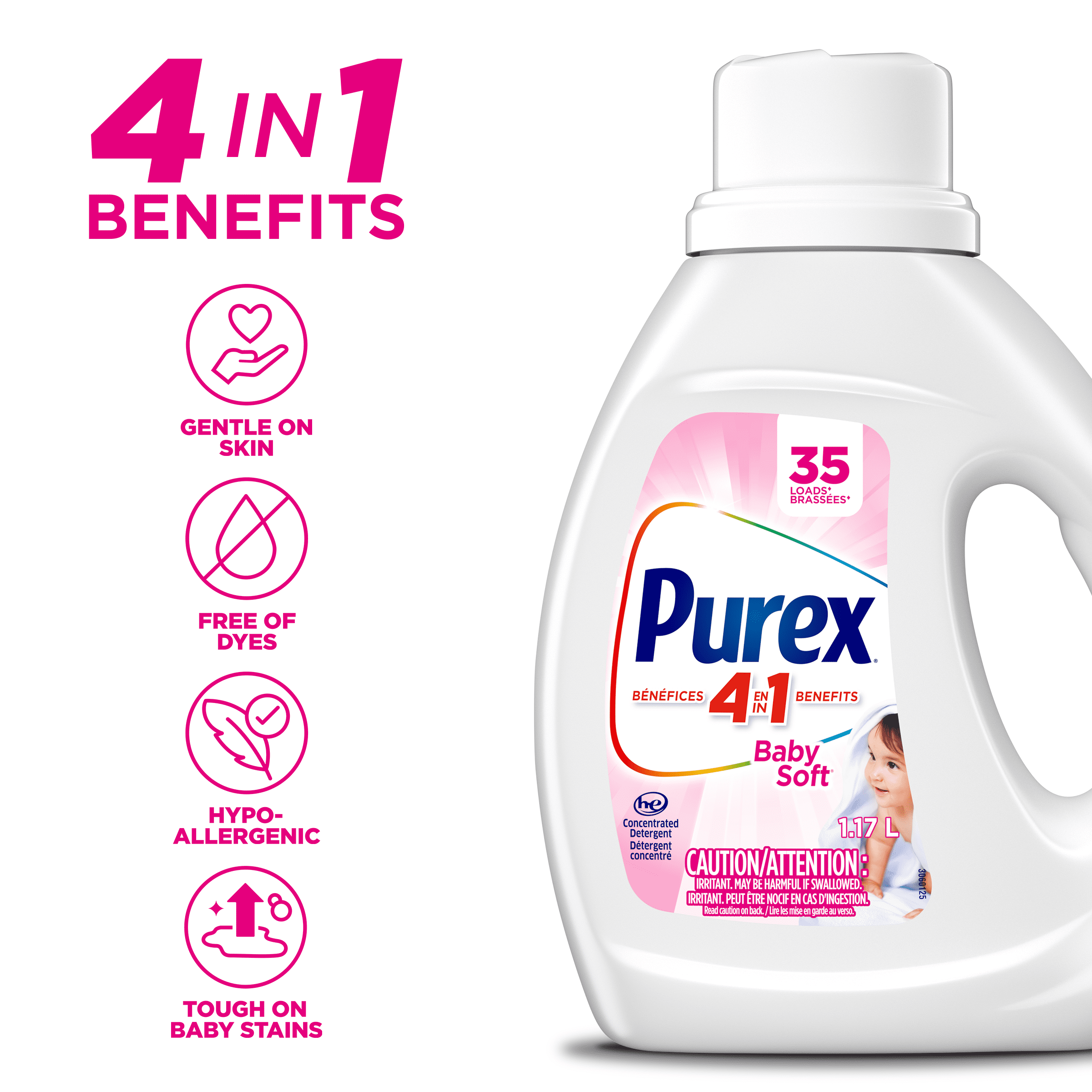 Purex Baby Soft détergent à lessive liquide hypoallergénique concentré, sans colorant, testé par des dermatologues pédiatriques, 1,17 L, 35 brassées, compatible avec les laveuses HE