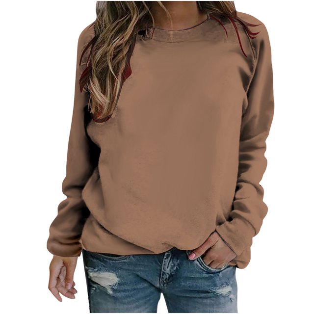 Yuyuzo 2025 Automne Chandail Sport Uni pour Femme Décontracté Ample à Col Rond Raglan à Manches Longues Chandail Tunique Hauts Café A2