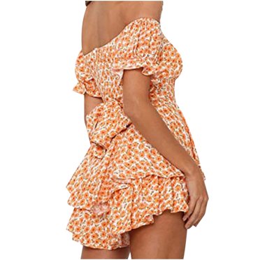 Summer Jumpsuit for Women Off Shoulder Ruffle Chiffon Shorts One Piece Jumpsuits Ladies Casual Beach Romper