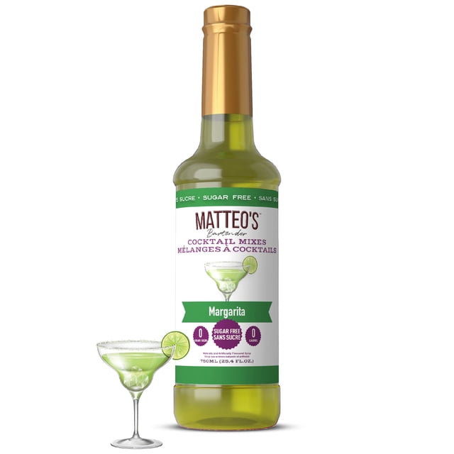Matteo's Sugar Free Cocktail Syrup, Margarita, 750mL bottle with 0 calories and 0 sugar. The bottle features a green label with 'Margarita' branding and a gold cap. A margarita glass with a lime garnish is displayed next to the bottle, ideal for creating sugar-free cocktail mixes.