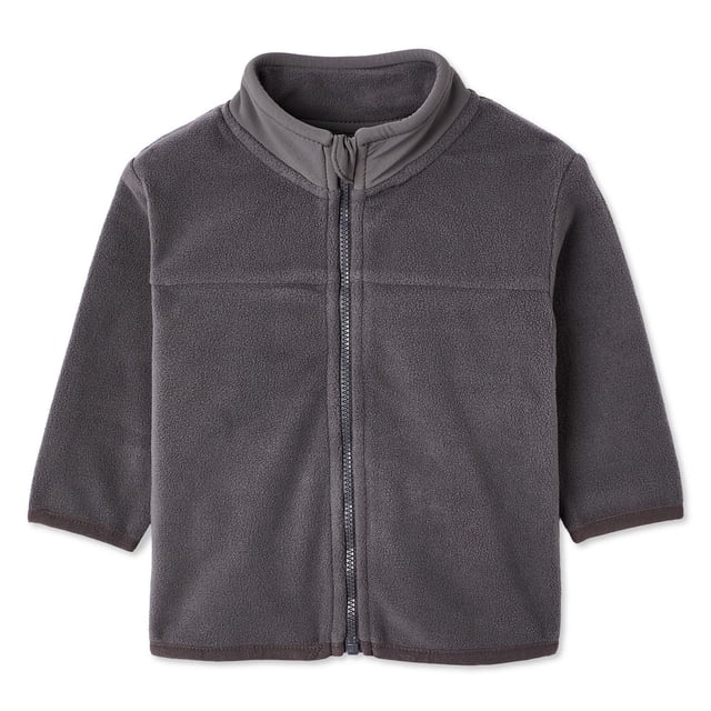 gray fleece jacket for baby boys featuring a full front zipper and stand collar