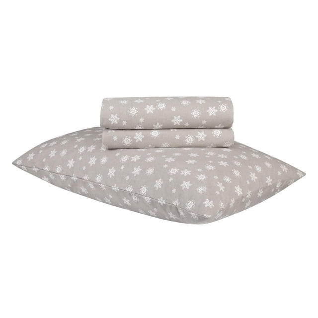 Ensemble de Draps en Flanelle Gris Pâle avec Motif Flocon de Neige Blanc, Incluant Draps Pliés à Plat et Drap-Housse Superposés sur une Taie d'Oreiller Assortie, Fabriqué à Partir de 100 % de Meilleur Coton pour une Chaleur Respirante et une Durabilité Accrues, Lavable à la machine et Idéal pour des Nuits d'Automne et d'Hiver Douillettes.