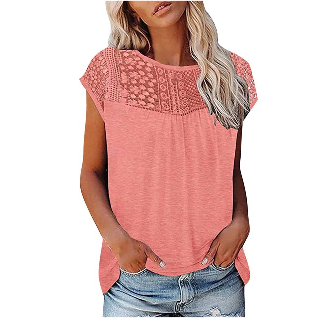 Mikilon Ensemble Élégant pour Femmes 2 Pcs Imprimé Manches Courtes Patchwork en Dentelle Col Rond Chic Confortable Rose m